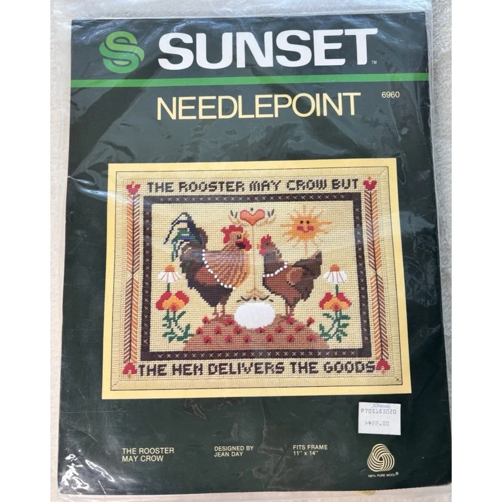 VTG Sunset Needlepoint 11x14 Rooster May Crow But Hen Delivers Goods 6960